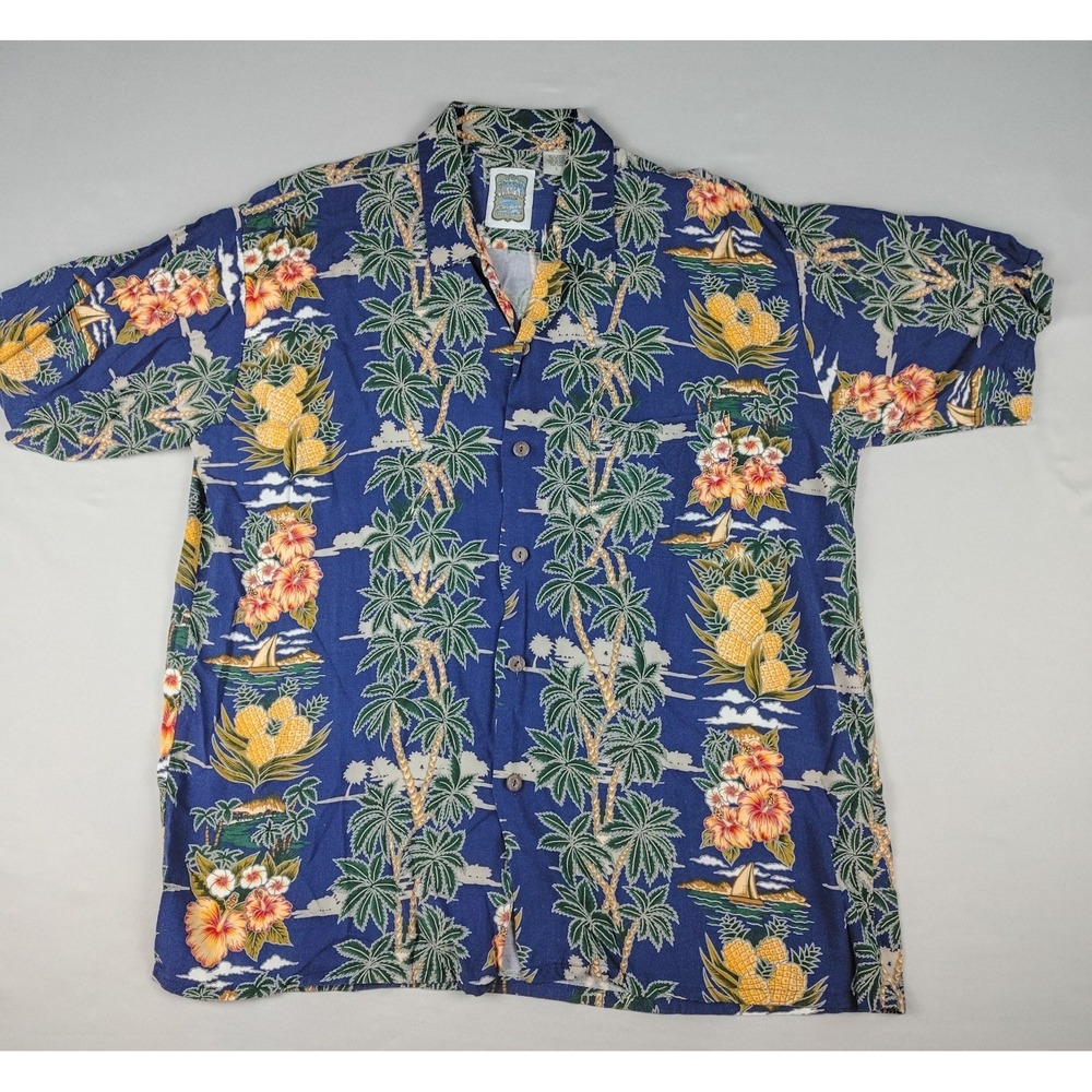 Ocean Current Vintage Men's Size L Shirt Blue Rayon Hawaiian Floral Palm Tree